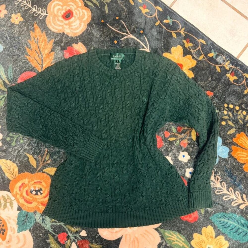 Vintage Lauren Ralph Lauren Forest Green Cable Knit Crewneck Sweater Size S